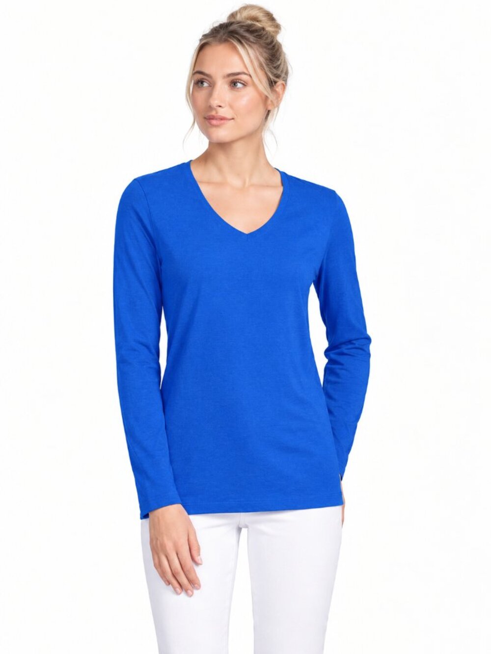 2/$30 Lands' End Relaxed Supima Cotton Long Sleeve V-Neck T-Shirt Blue 2X #A4816